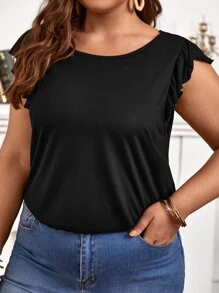 SHEIN Frenchy Áo thun Plus size Tương phản ren Xù màu trơn Giải trí - màu đen - Xem 4