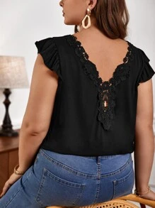 SHEIN Frenchy Áo thun Plus size Tương phản ren Xù màu trơn Giải trí - màu đen - Xem 5
