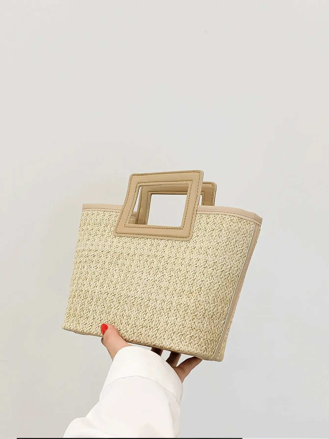 休閒純色對比邊綁雙手柄草編袋,為女性,新手和白領工人,適用於商務/通勤/工作/辦公,節日/假期,夏季,禮品袋 - 卡其色 - 查看 2