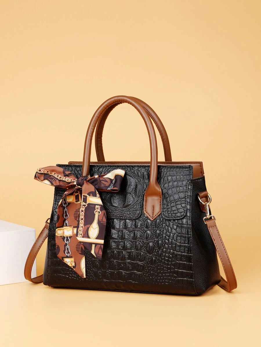 Crocodile Embossed Skinny Scarf Decor Tote Bag - Black - View 1