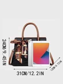 Crocodile Embossed Skinny Scarf Decor Tote Bag - Black - View 3