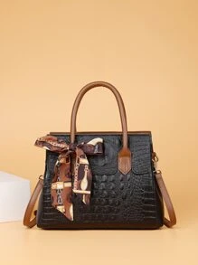 Crocodile Embossed Skinny Scarf Decor Tote Bag - Black - View 5