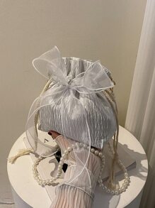 Mini Bow Decor Faux Pearl Beaded Drawstring Design Bucket Bag, Fashionable Bow Purse For Women, Cute Bow Bag For Women