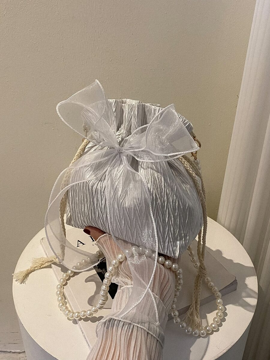 Mini Bow Decor Faux Pearl Beaded Drawstring Design Bucket Bag, Fashionable Bow Purse For Women, Cute Bow Bag For Women