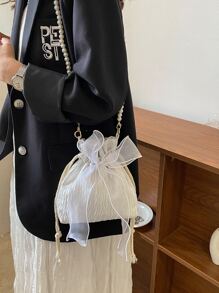 Mini Bow Decor Faux Pearl Beaded Drawstring Design Bucket Bag, Fashionable Bow Purse For Women, Cute Bow Bag For Women