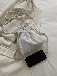 Mini Bow Decor Faux Pearl Beaded Drawstring Design Bucket Bag, Fashionable Bow Purse For Women, Cute Bow Bag For Women