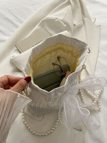Mini Bow Decor Faux Pearl Beaded Drawstring Design Bucket Bag, Fashionable Bow Purse For Women, Cute Bow Bag For Women