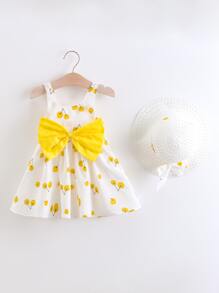 嬰兒櫻桃圖案前蝴蝶結吊帶連衣裙和附帽子 - 白色 - 查看 1