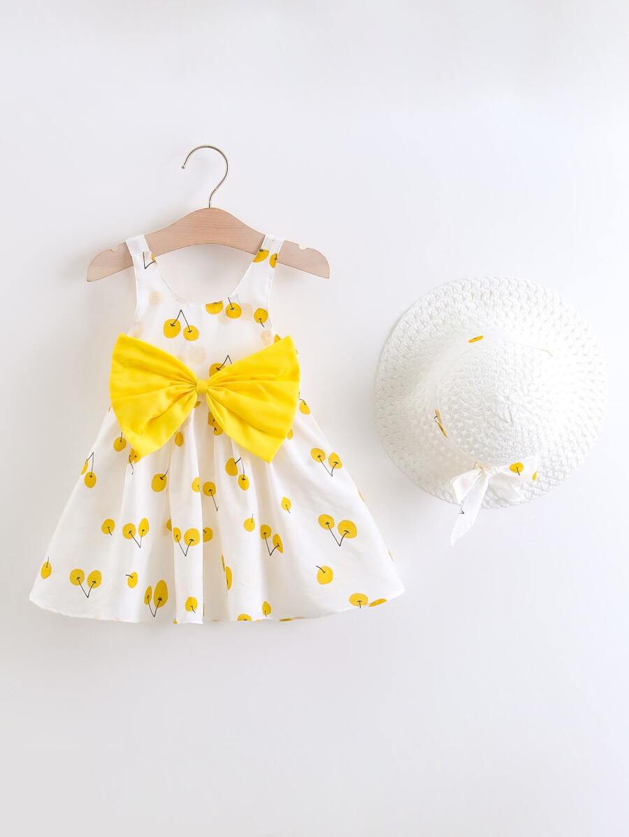 嬰兒櫻桃圖案前蝴蝶結吊帶連衣裙和附帽子 - 白色 - 查看 1