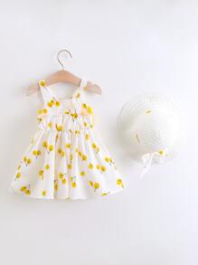 嬰兒櫻桃圖案前蝴蝶結吊帶連衣裙和附帽子 - 白色 - 查看 2