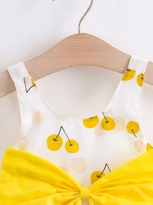 嬰兒櫻桃圖案前蝴蝶結吊帶連衣裙和附帽子 - 白色 - 查看 3