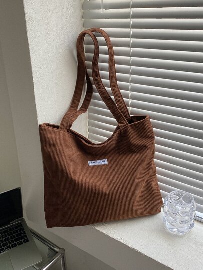 1pc Solid Color Corduroy Detail Shoulder Tote Bag, Literary School Bag & Bookbag For Women Or Students, Perfect For Books, Shopping, Back To School And More, School Supplies, School Bag, School Handbag, School Tote Bag, School Bookbag, Back To School Bags, Large Capacity, Lightweight, Portable, Foldable, Classic Casual, Suitable For Teen Girls Women College Students Fall Clothes For Women, New Fall Fashion 2025 For Women