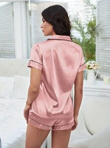 LuxeNights Button Front Contrast Binding Top & Shorts PJ Set / Pajama Set - Dusty Pink - View 2