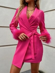 SHEIN Belle Shawl Collar Wrap Knot Side Dress - Hot Pink - View 1