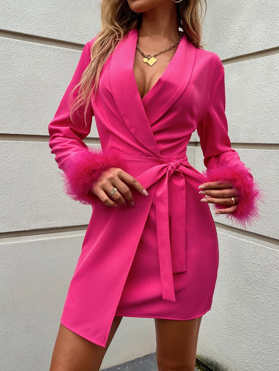 SHEIN Belle Shawl Collar Wrap Knot Side Dress - Hot Pink - View 1