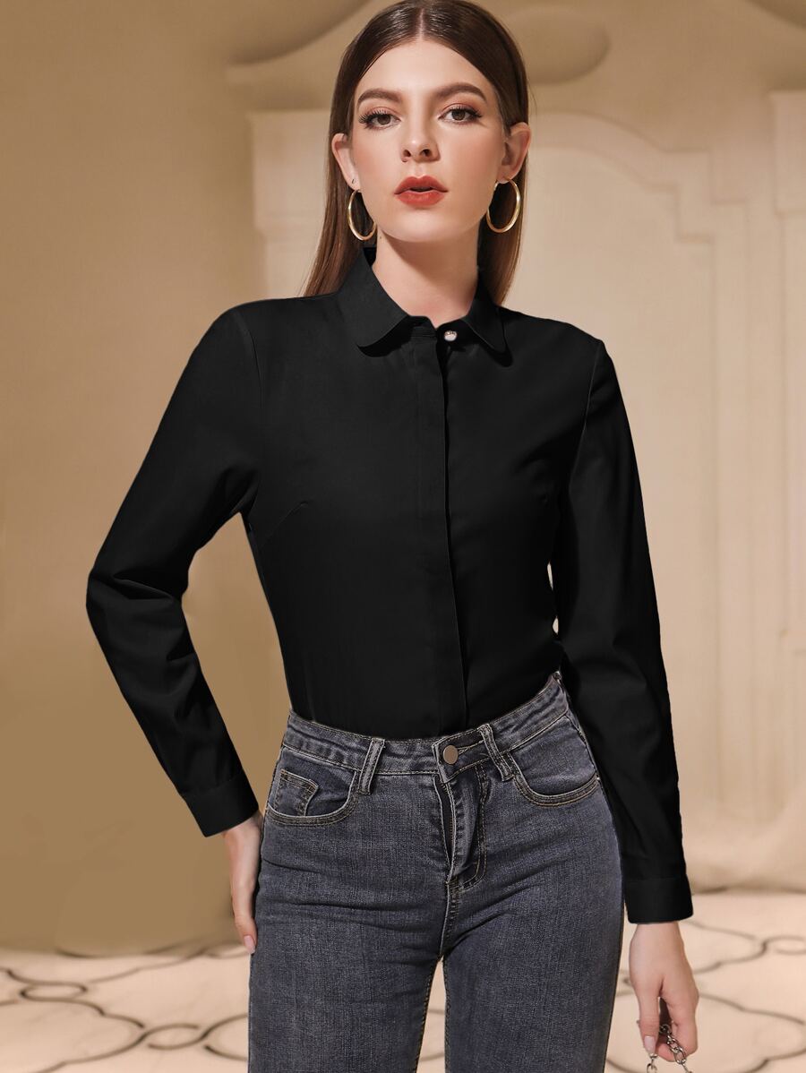 Lacomfia Solid Button Front Shirt,Long Sleeve Tops Fall Cloth For Women - Black - View 1