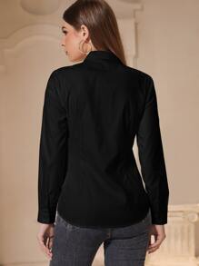 Lacomfia Solid Button Front Shirt,Long Sleeve Tops Fall Cloth For Women - Black - View 2