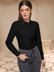 Lacomfia Solid Button Front Shirt,Long Sleeve Tops Fall Cloth For Women - Black - View 5