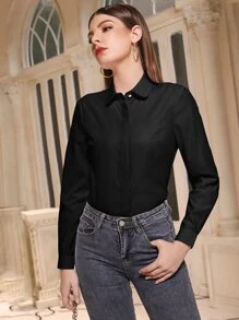 Lacomfia Solid Button Front Shirt,Long Sleeve Tops Fall Cloth For Women - Black - View 7