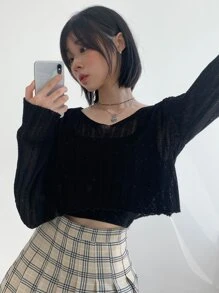 DAZY 實心針織毛衣 - 黑色 - 查看 1