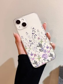 1pc Purple Floral Pattern Transparent Full Coverage Anti-Drop TPU Minimalist Phone Protective Case Compatible With IPhone 11 12 13 14 15 16 17 Pro Max, A55/54/53/52/51, S25/24/23/22/21, Series - Clear - View 1