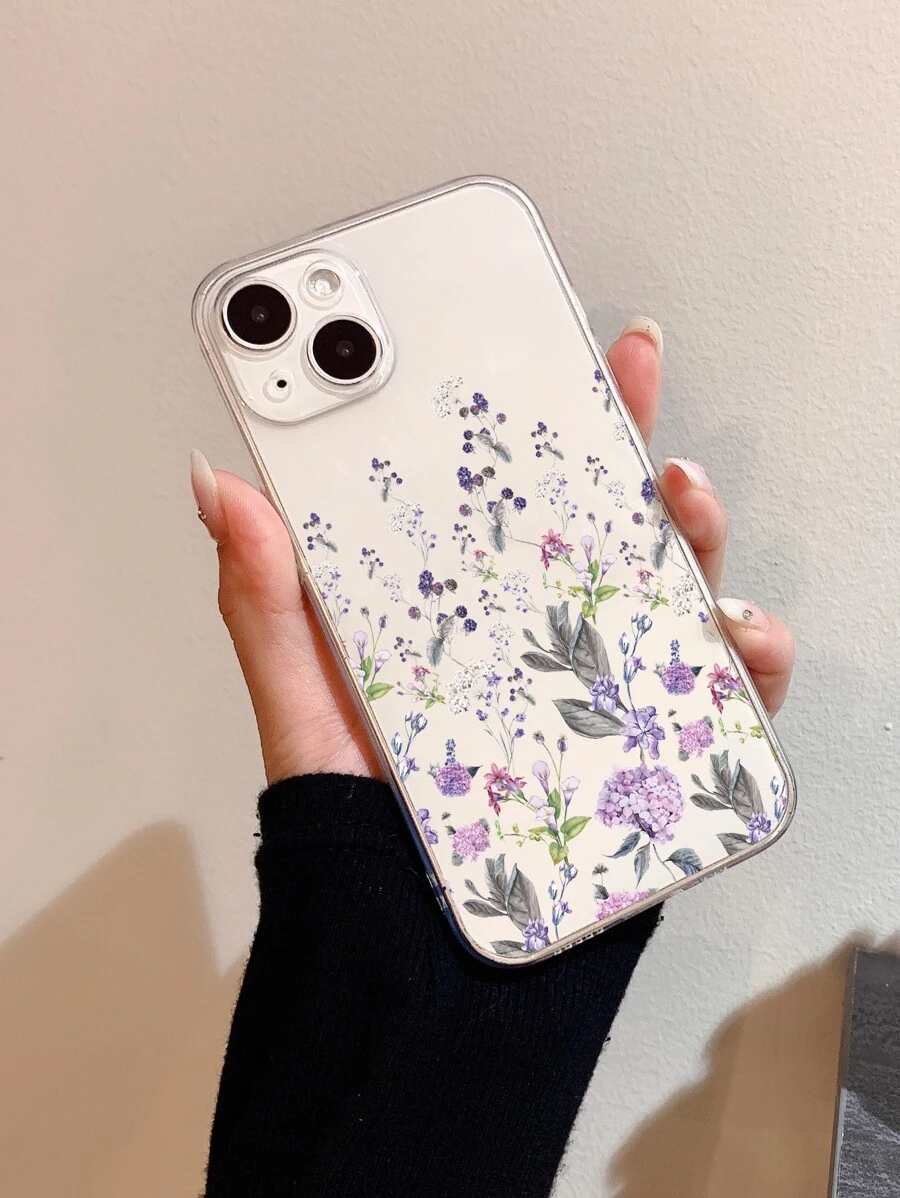 1pc Purple Floral Pattern Transparent Full Coverage Anti-Drop TPU Minimalist Phone Protective Case Compatible With IPhone 11 12 13 14 15 16 17 Pro Max, A55/54/53/52/51, S25/24/23/22/21, Series - Clear - View 1