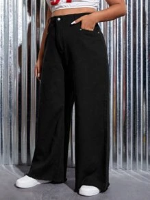 SHEIN ICON Quần Denim kích thước lớn Nút Túi Dây kéo màu trơn - màu đen - Xem 3