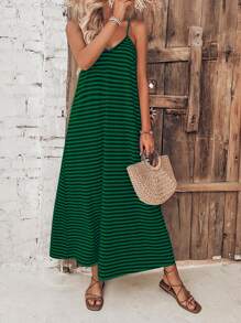 SHEIN VCAY Vestido de tirantes con estampado de rayas - Verde - View 1