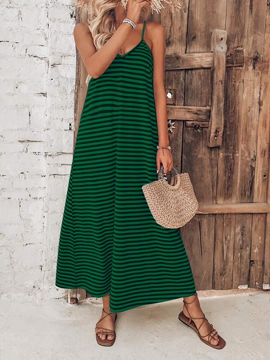 SHEIN VCAY Vestido de tirantes con estampado de rayas - Verde - View 1