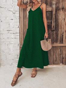 SHEIN VCAY Vestido de tirantes con estampado de rayas - Verde - View 3