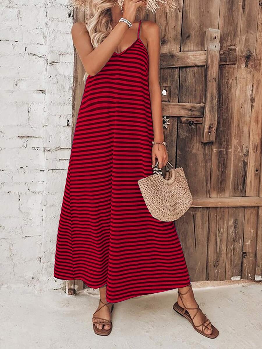 SHEIN VCAY Vestido de tirantes con estampado de rayas - Rojo - Ver 1