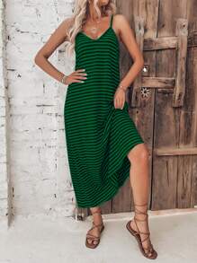 SHEIN VCAY Vestido de tirantes con estampado de rayas - Verde - View 4