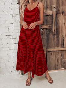 SHEIN VCAY Vestido de tirantes con estampado de rayas - Rojo - Ver 3