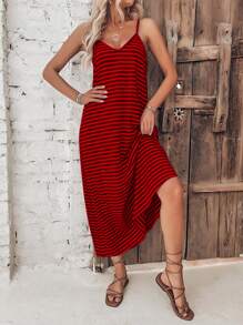 SHEIN VCAY Vestido de tirantes con estampado de rayas - Rojo - Ver 4