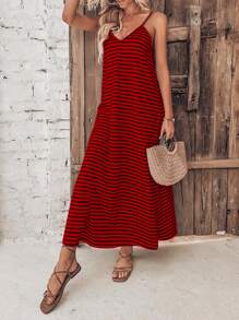SHEIN VCAY Vestido de tirantes con estampado de rayas - Rojo - Ver 5