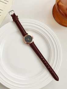 1枚女裝手錶，圓形指針石英手錶 - 棕色 - 查看 4