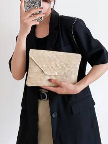 Bolso minimalista de paja con solapa, perfecto para vacaciones de viaje en la playa de verano - Caqui - Ver 1