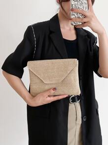 Bolso minimalista de paja con solapa, perfecto para vacaciones de viaje en la playa de verano - Caqui - Ver 4