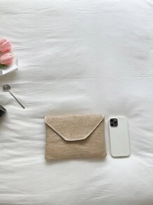 Bolso minimalista de paja con solapa, perfecto para vacaciones de viaje en la playa de verano - Caqui - Ver 7