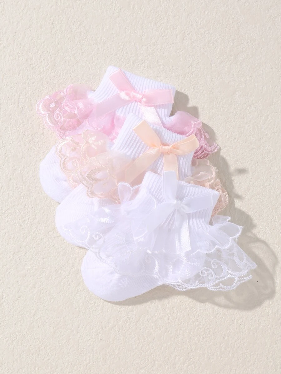 3pairs Baby Bow Decor Lace Socks - Multicolor - View 1
