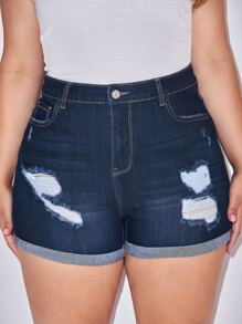 SHEIN SXY Plus Rolled Hem Ripped Denim Shorts - Dark Wash - View 1