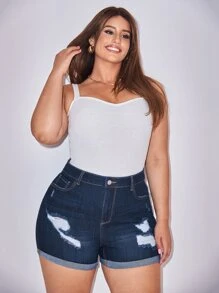 SHEIN SXY Plus Rolled Hem Ripped Denim Shorts - Dark Wash - View 5