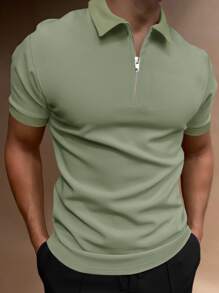 Manfinity Homme Áo thun có cổ Nam Dây kéo màu trơn Giải trí - xanh quân đội - Xem 1