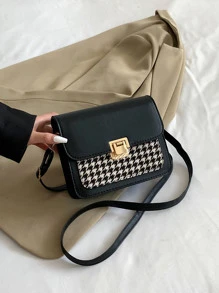 輕便商務休閒迷你千鳥格圖案翻蓋方形包適合青少年女孩女大學生、菜鳥和白領完美適合辦公室、大學、工作、商務、通勤、戶外、旅行、郊遊 - 黑色 - 查看 1