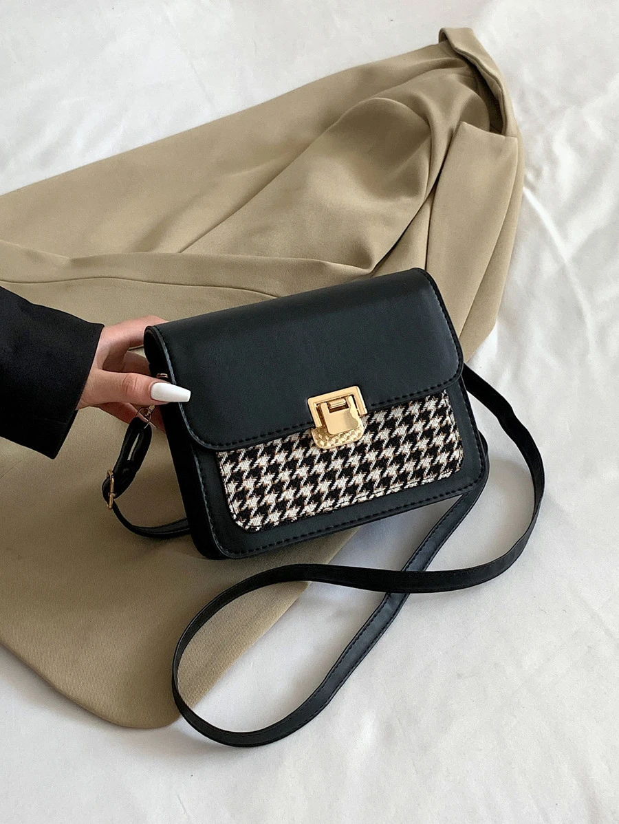 輕便商務休閒迷你千鳥格圖案翻蓋方形包適合青少年女孩女大學生、菜鳥和白領完美適合辦公室、大學、工作、商務、通勤、戶外、旅行、郊遊 - 黑色 - 查看 1