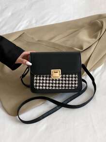 輕便商務休閒迷你千鳥格圖案翻蓋方形包適合青少年女孩女大學生、菜鳥和白領完美適合辦公室、大學、工作、商務、通勤、戶外、旅行、郊遊 - 黑色 - 查看 2