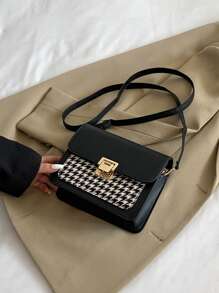 輕便商務休閒迷你千鳥格圖案翻蓋方形包適合青少年女孩女大學生、菜鳥和白領完美適合辦公室、大學、工作、商務、通勤、戶外、旅行、郊遊 - 黑色 - 查看 3