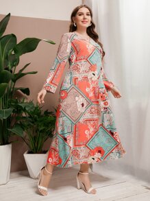 Mulvari Plus Floral & Scarf Print Dress - Multicolor - View 3