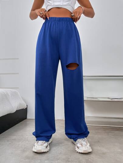 Solid Ripped Elastic Waist Pants