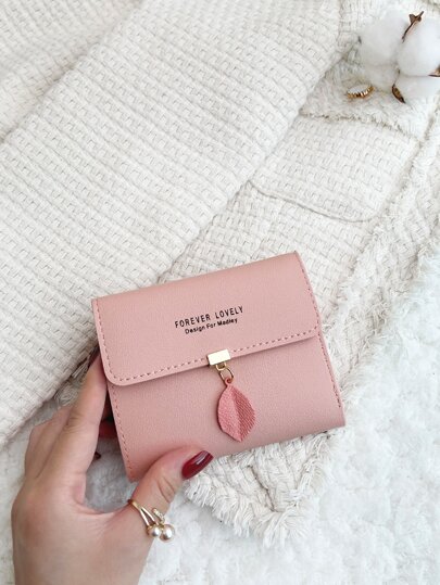 叶子吊坠字母时尚零钱包小号双折女士钱包迷你轻便简约时尚现代商务周年纪念情人节生日礼物情侣礼物女孩礼物女士礼物女包学校用品学校宿舍和返校热粉色女士钱包钱包小钱包